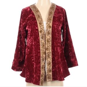 Soft Surroundings Jacket Burgundy Crushed Velvet Gold Embroidered Beaded Sequins